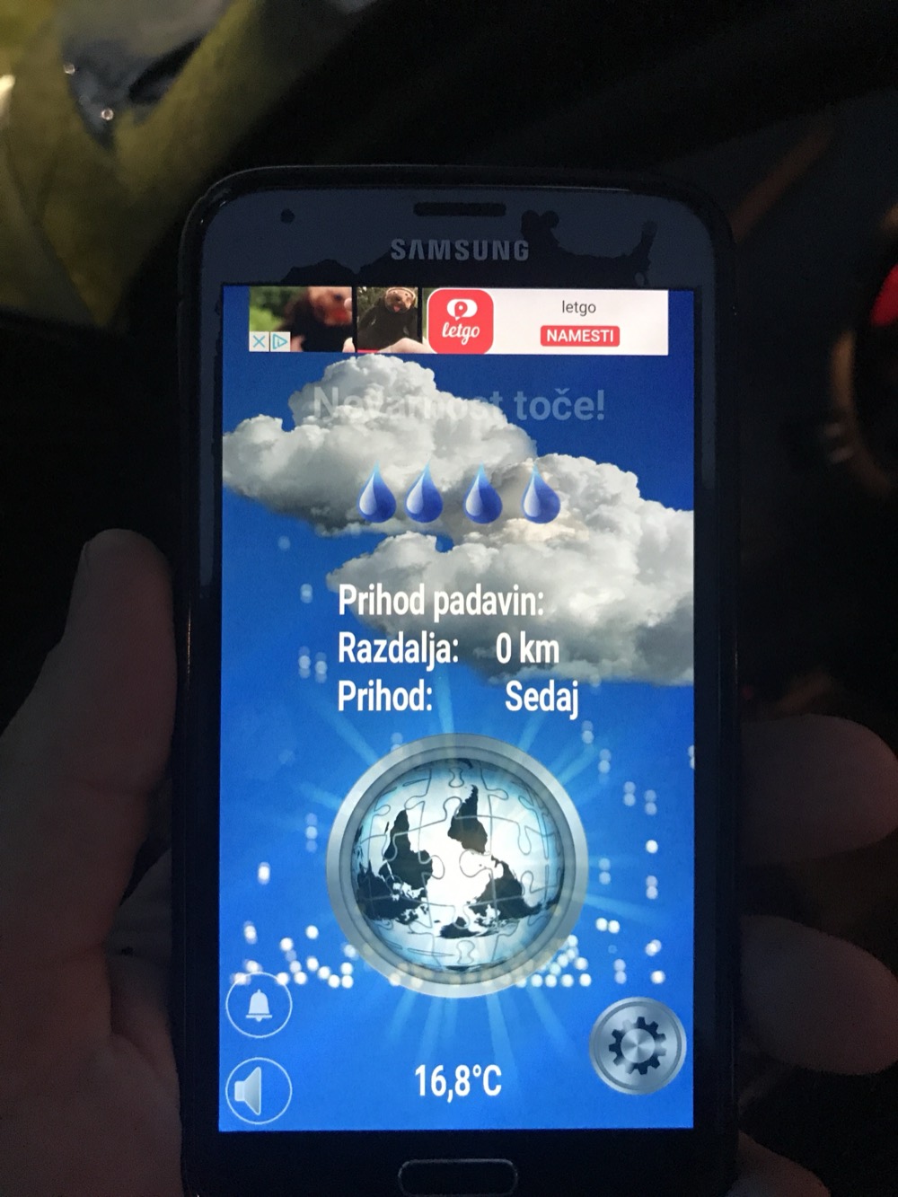 Obvestilo o toči na Samsungu. Ko piše "Prihod: Sedaj", je celica že nad tabo.